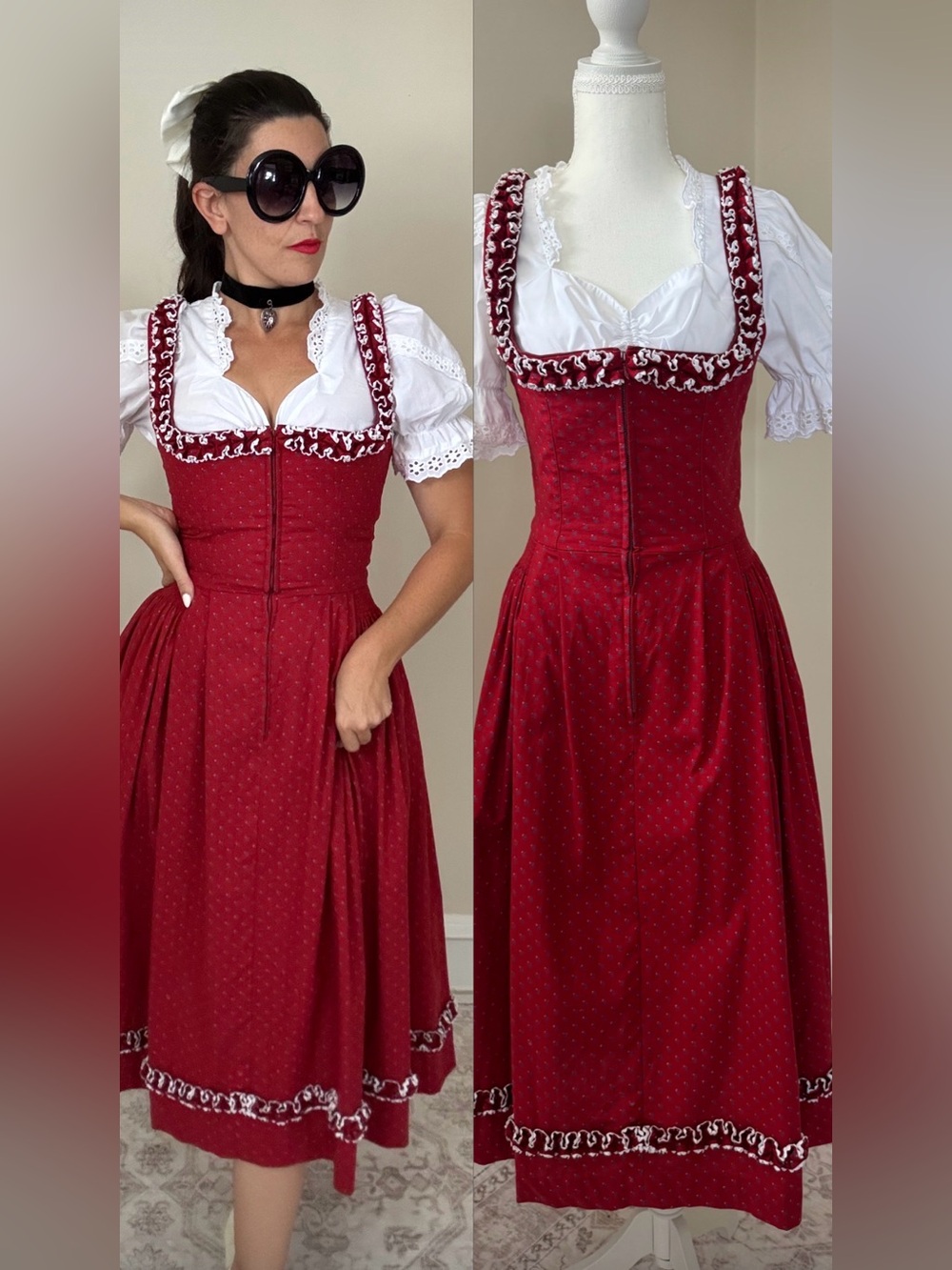 Vintage cotton dirndl dress with eyelet lace trim dirndl blouse size 38 fits xs